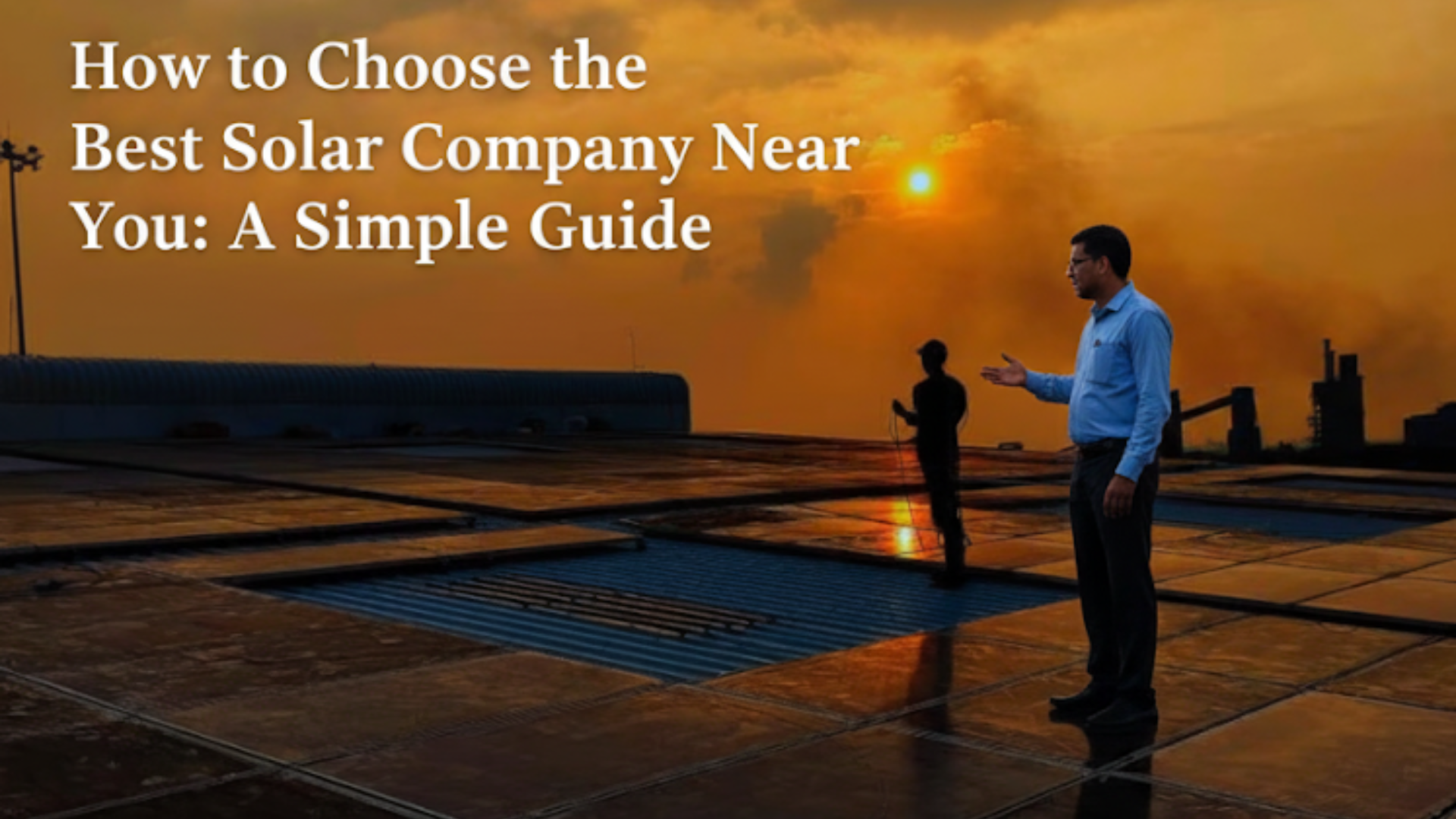 Solar panels on a rooftop at sunset, with a person explaining the system to a client