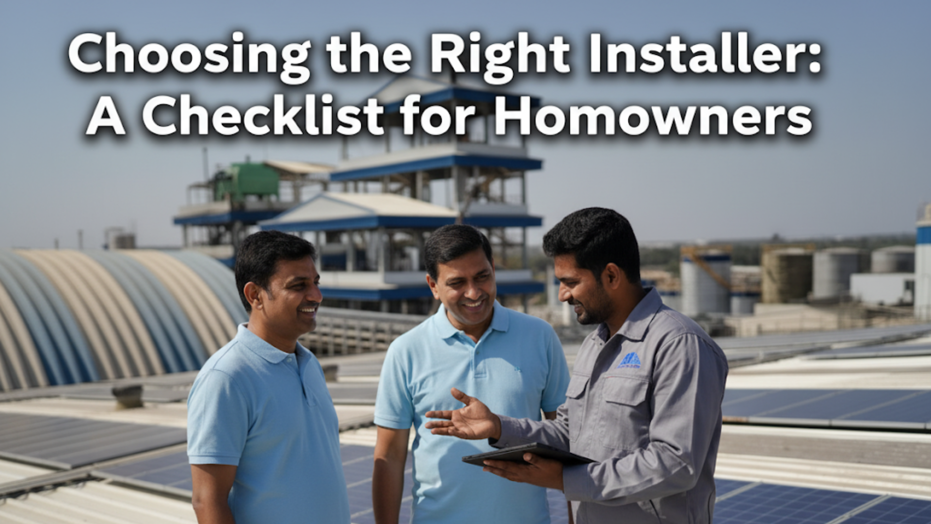 Solar installer discussing plans with Indian homeowners on a rooftop