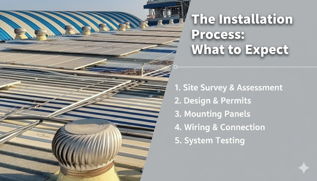 Two technicians on a roof installing solar panels