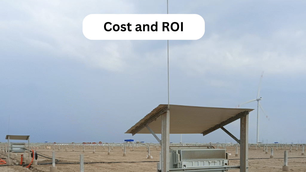 Solar panel with a money bag icon, symbolizing cost and return on investment