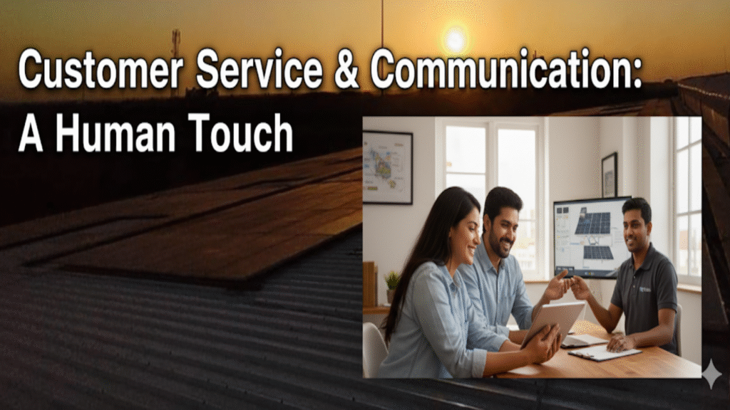 Clients and solar installer reviewing a detailed proposal with solar structures in the background