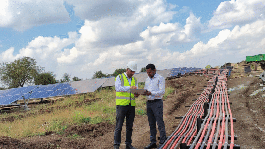 A professional pointing at solar panels, showing certification