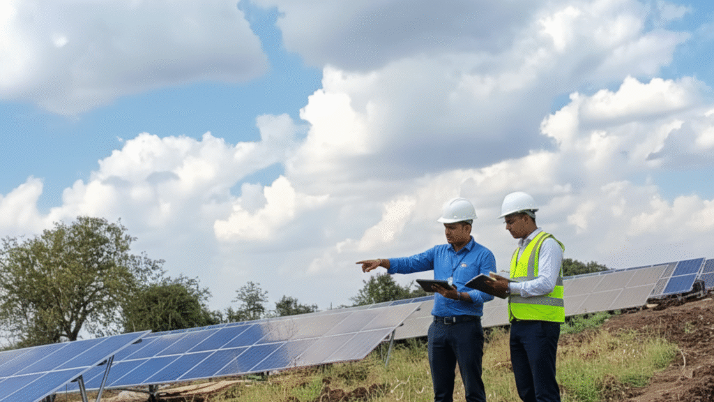 A solar expert inspects a rooftop with solar companies near me