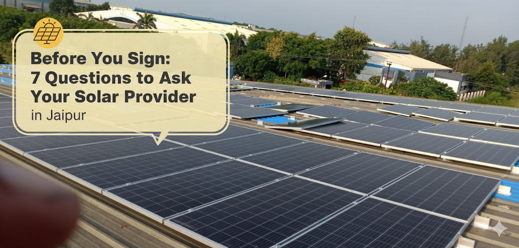 Solar panels on a Jaipur rooftop with an expert pointing, representing local solar providers.